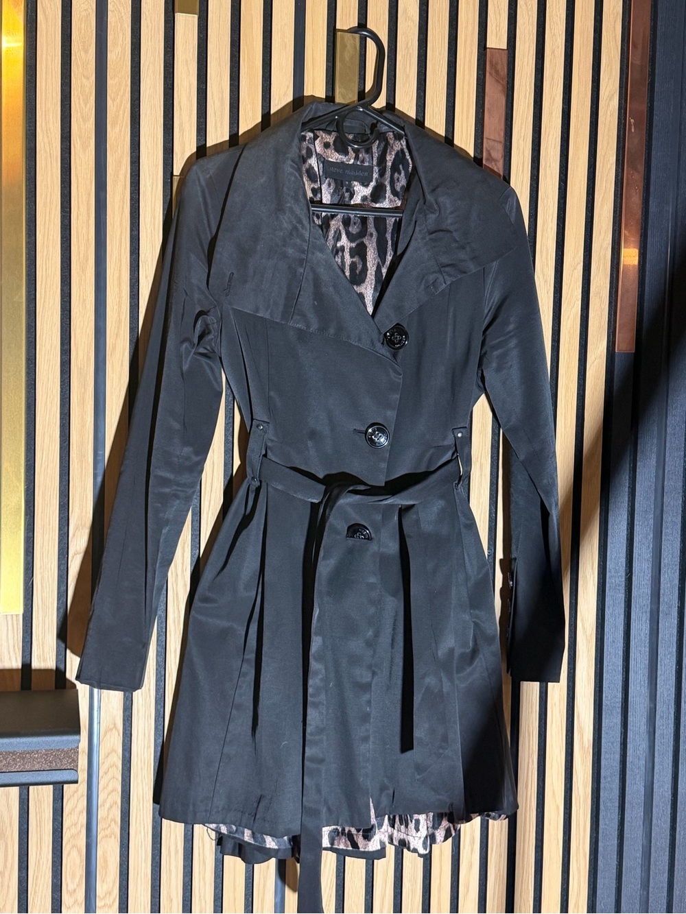 Steve Madden Black Trench Coat with Leopard Print Lining